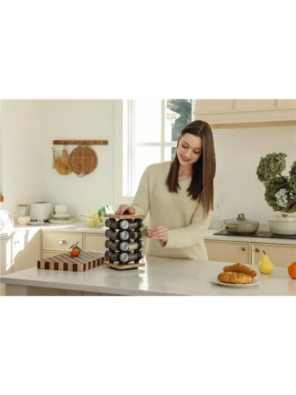 Rotating spice rack with 16 jars pre filled spices countertop organizer carousel